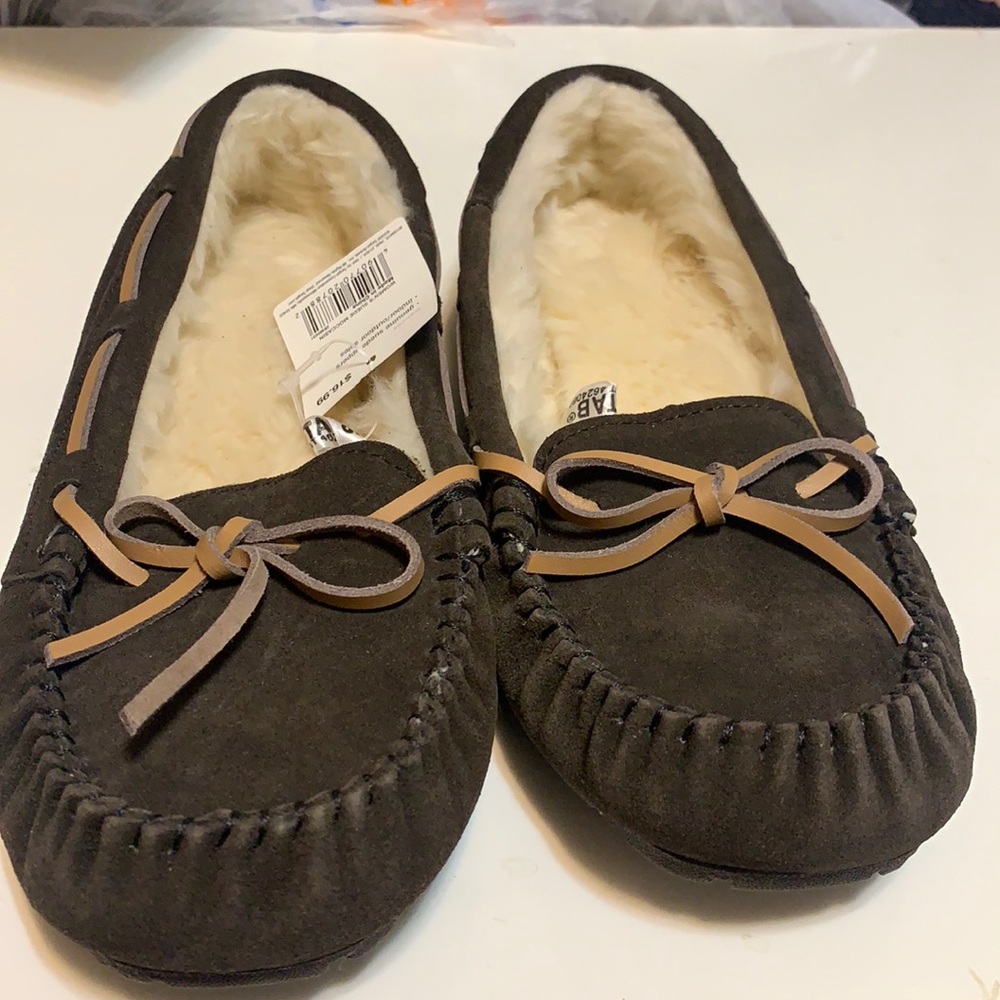 MOCCASINS BROWN SUEDE SHEARLING SLIPPERS SHOES SZ7